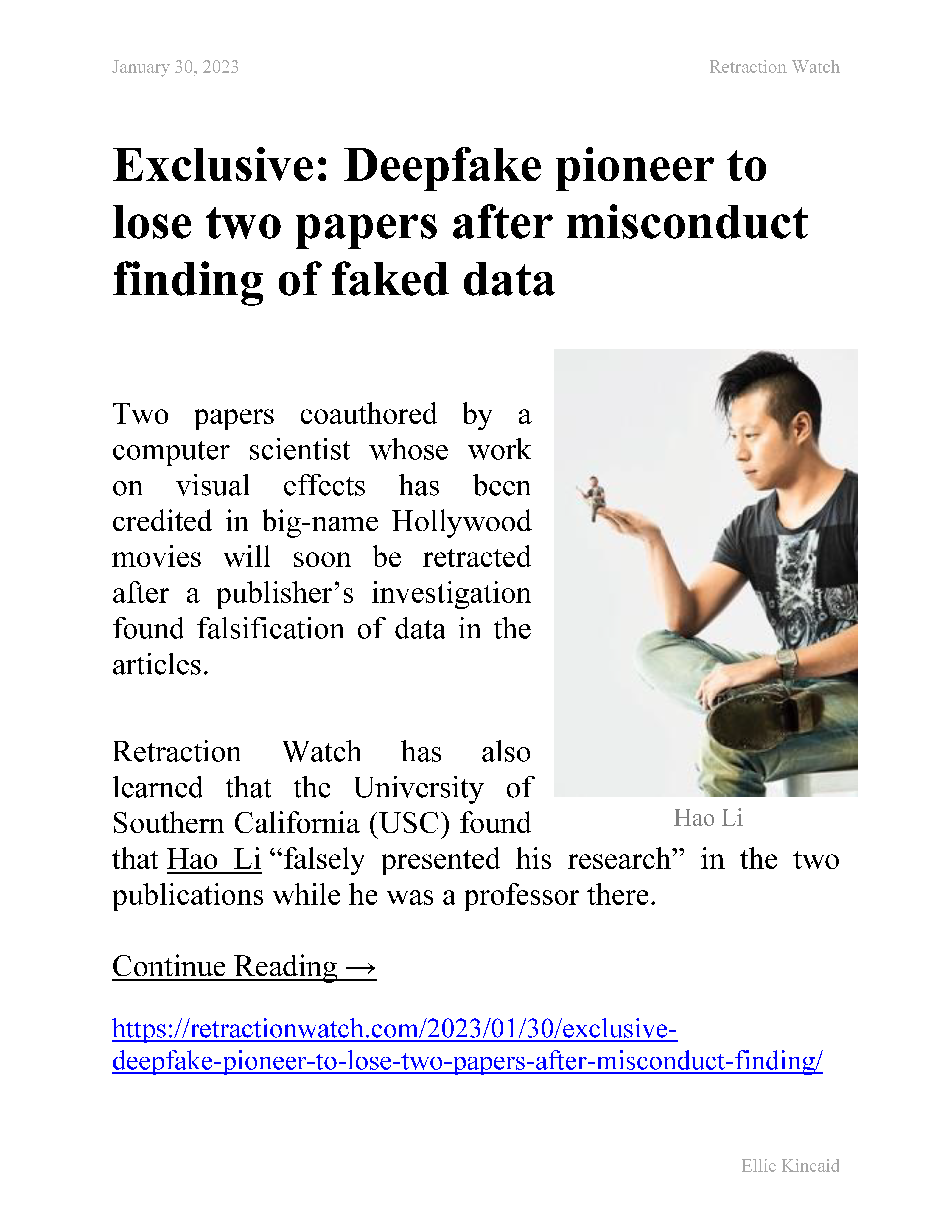 Retraction Watch's Exclusive Report on Hao Li's and Pinscreen's Scientific Misconduct Page 1