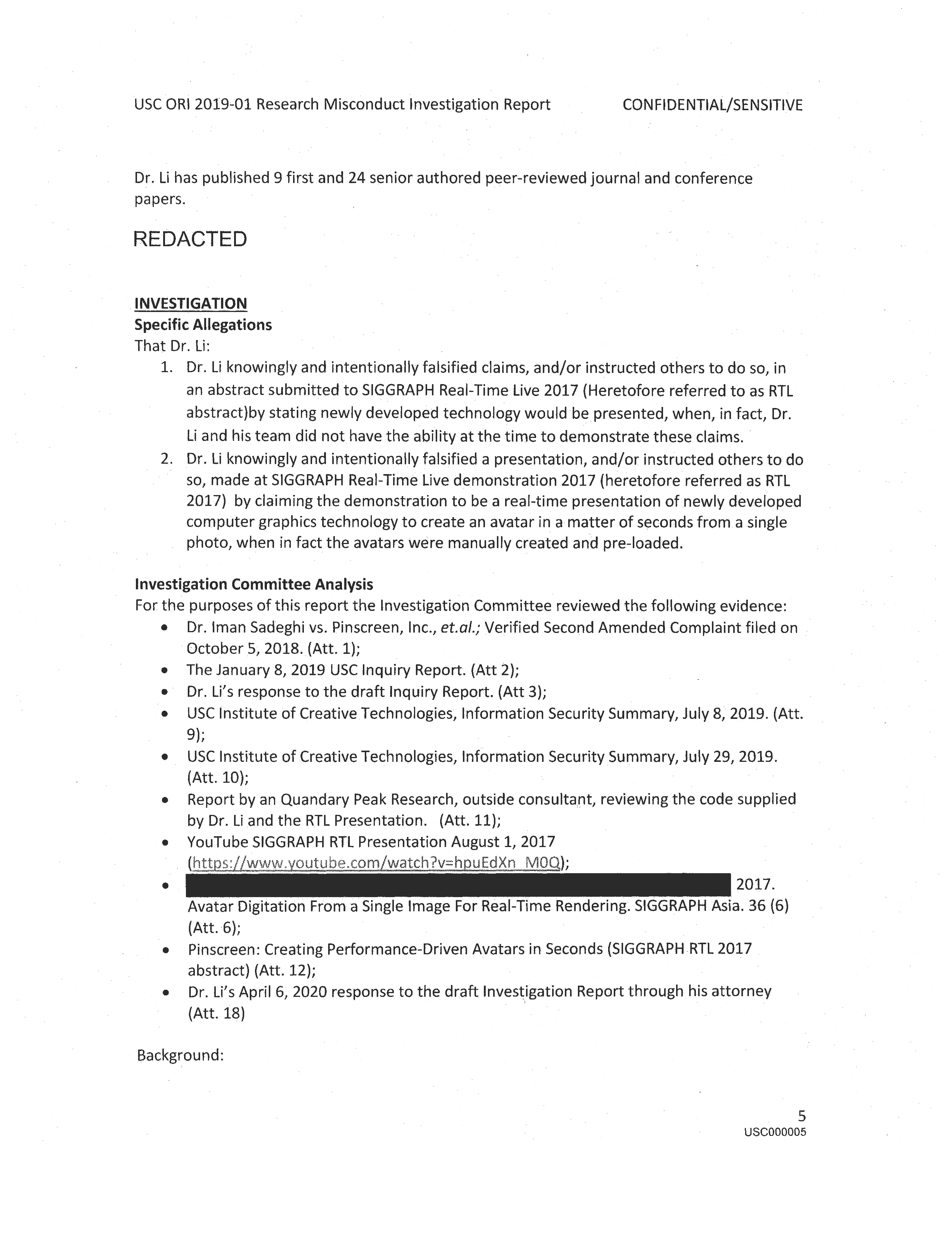 USC's Investigation Report re Hao Li's and Pinscreen's Scientific Misconduct at ACM SIGGRAPH RTL 2017 [Summary] Page 7