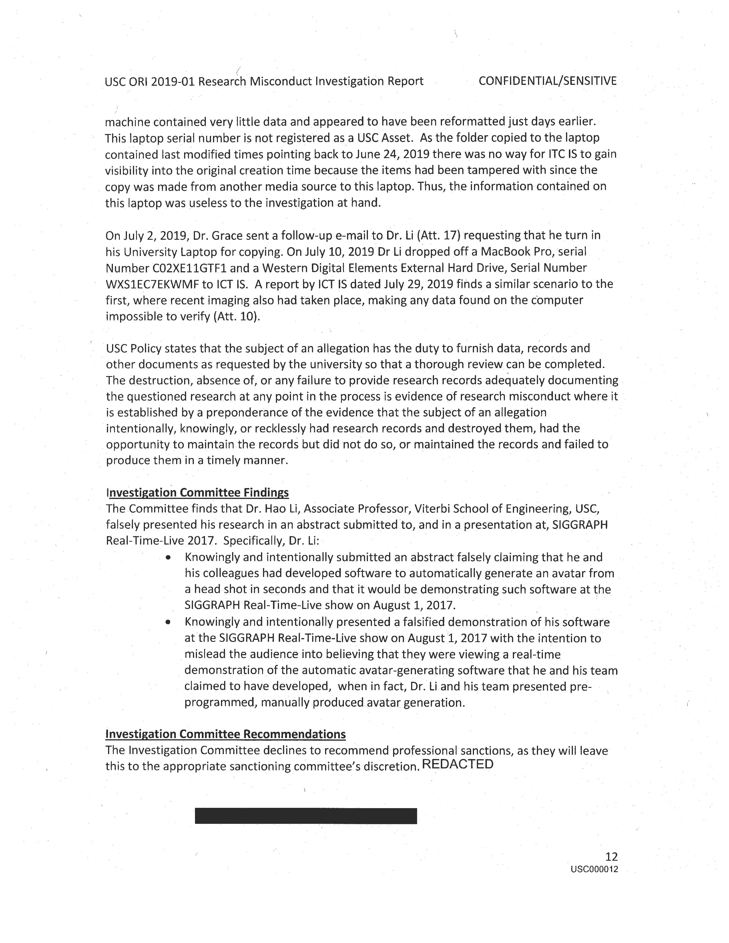 USC's Investigation Report re Hao Li's and Pinscreen's Scientific Misconduct at ACM SIGGRAPH RTL 2017 [Summary] Page 14