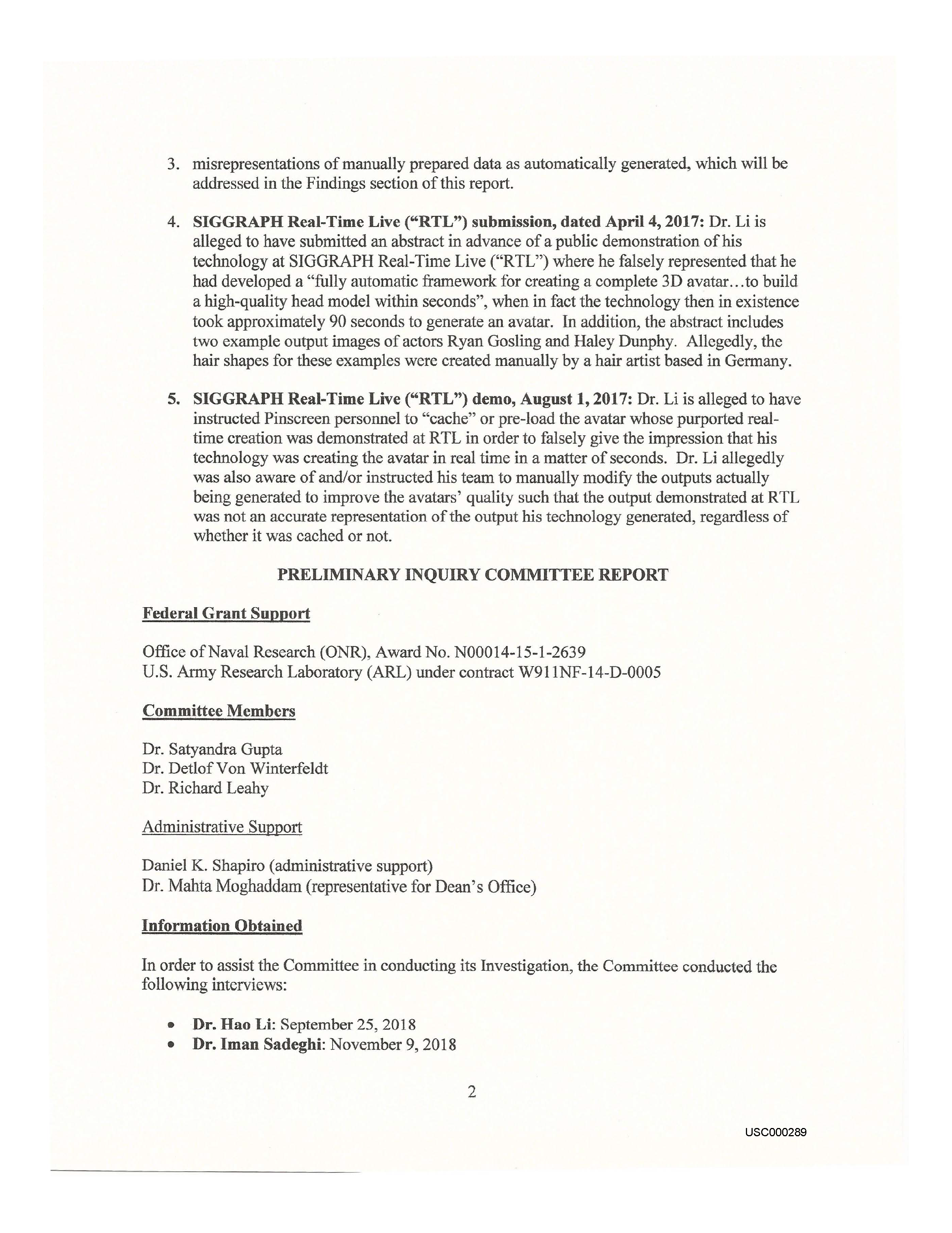 USC's Investigation Report re Hao Li's and Pinscreen's Scientific Misconduct at ACM SIGGRAPH RTL 2017 - Summary Page 19