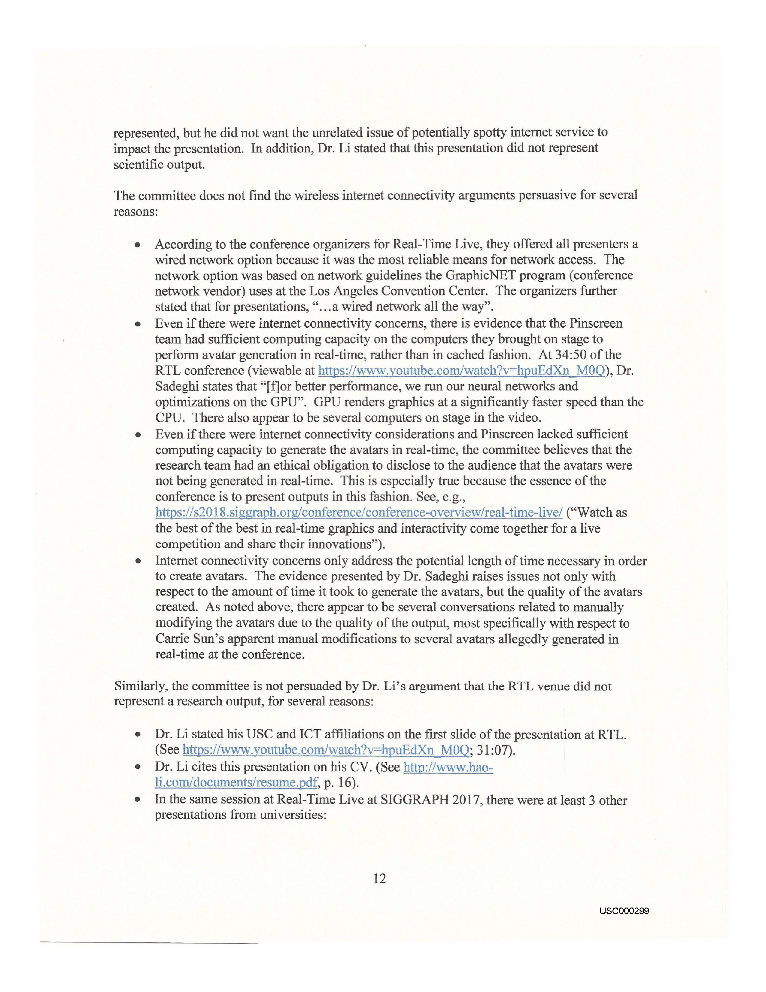 USC's Investigation Report re Hao Li's and Pinscreen's Scientific Misconduct at ACM SIGGRAPH RTL 2017 - Summary Page 29