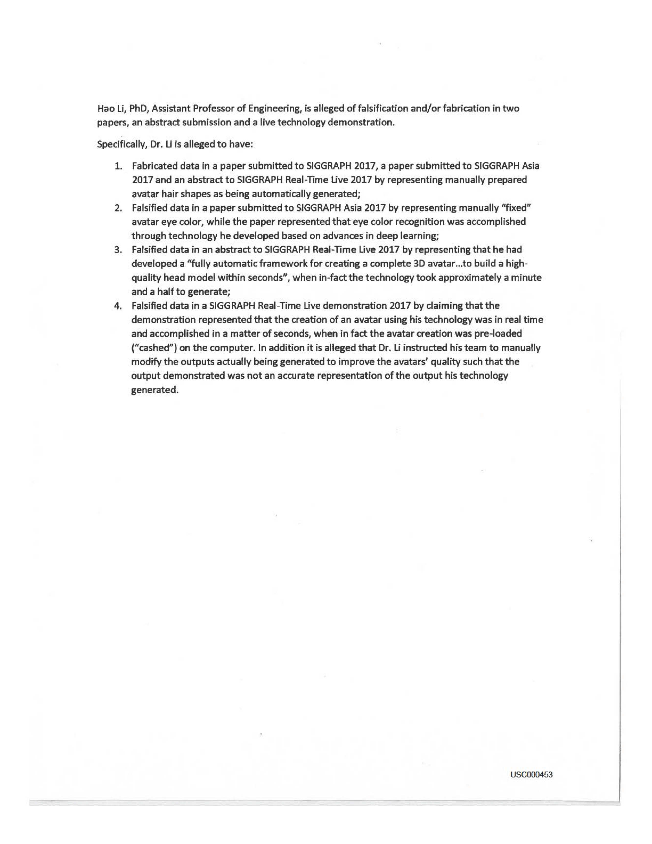 USC's Investigation Report re Hao Li's and Pinscreen's Scientific Misconduct at ACM SIGGRAPH RTL 2017 [Summary] Page 88