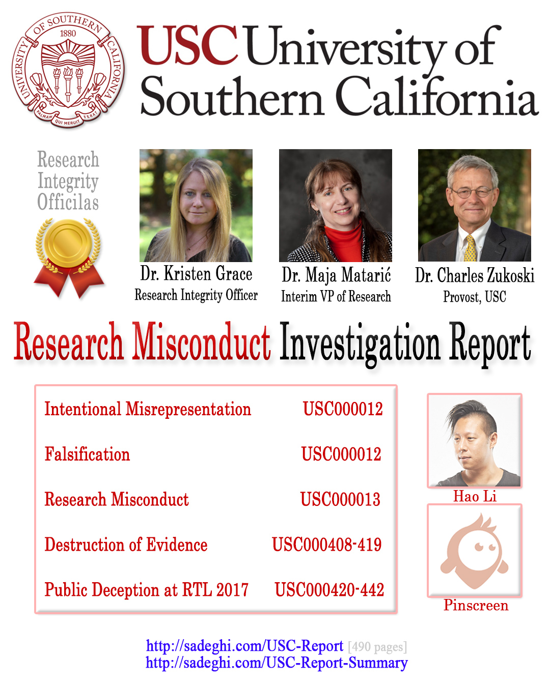 USC's Investigation Report re Hao Li's and Pinscreen's Scientific Misconduct at ACM SIGGRAPH RTL 2017
