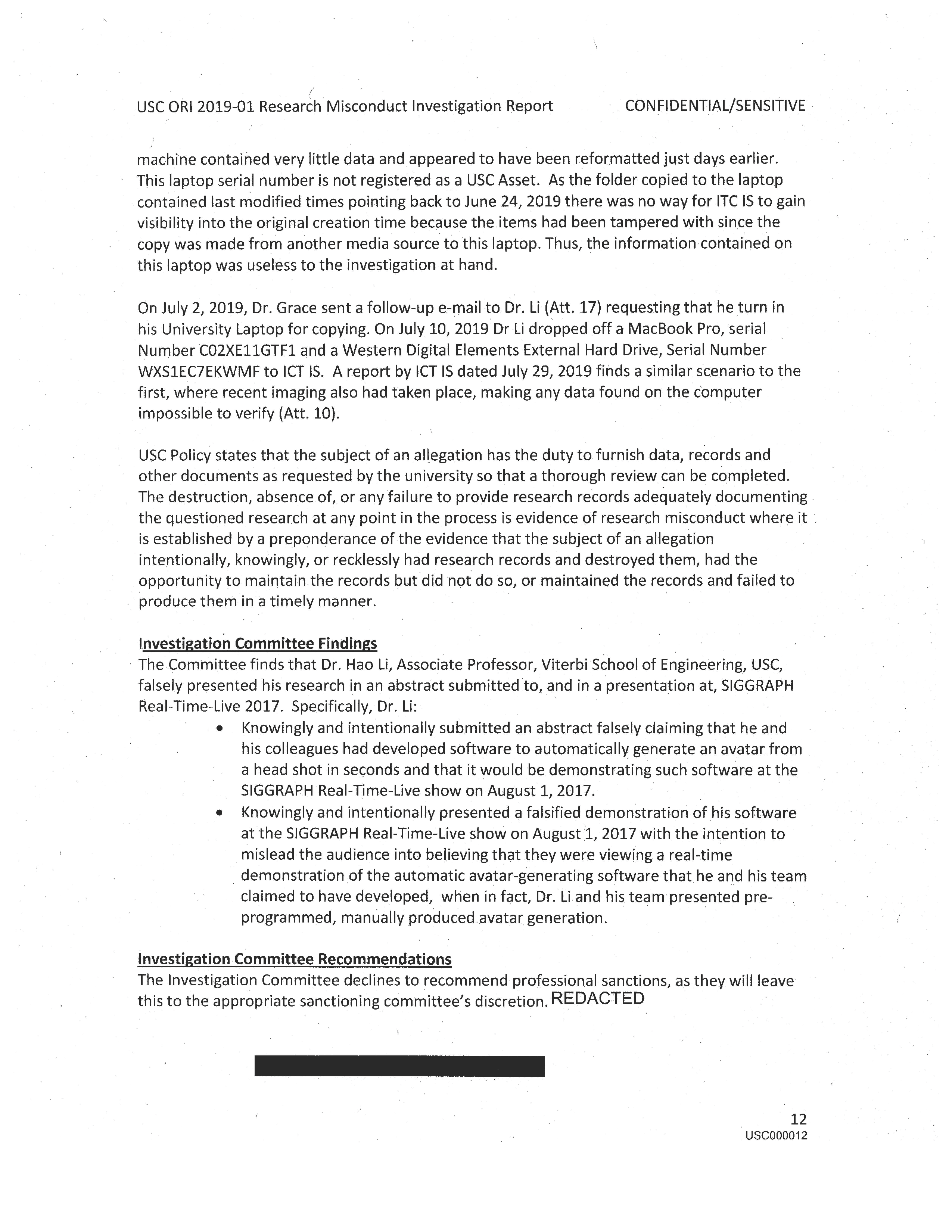 USC's Investigation Report re Hao Li's and Pinscreen's Scientific Misconduct at ACM SIGGRAPH RTL 2017 - Full Report Page 14
