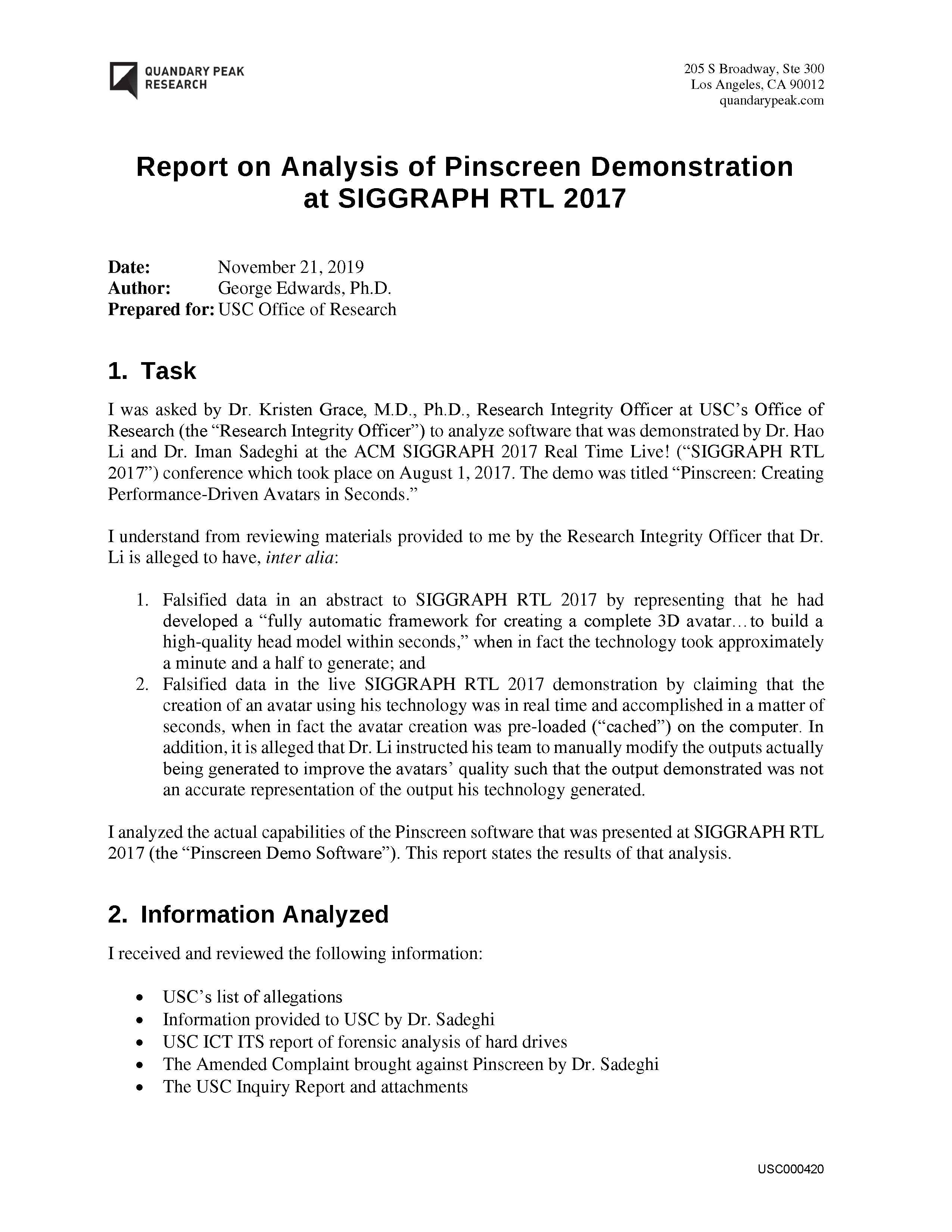 USC's Investigation Report re Hao Li's and Pinscreen's Scientific Misconduct at ACM SIGGRAPH RTL 2017 - Full Report Page 422