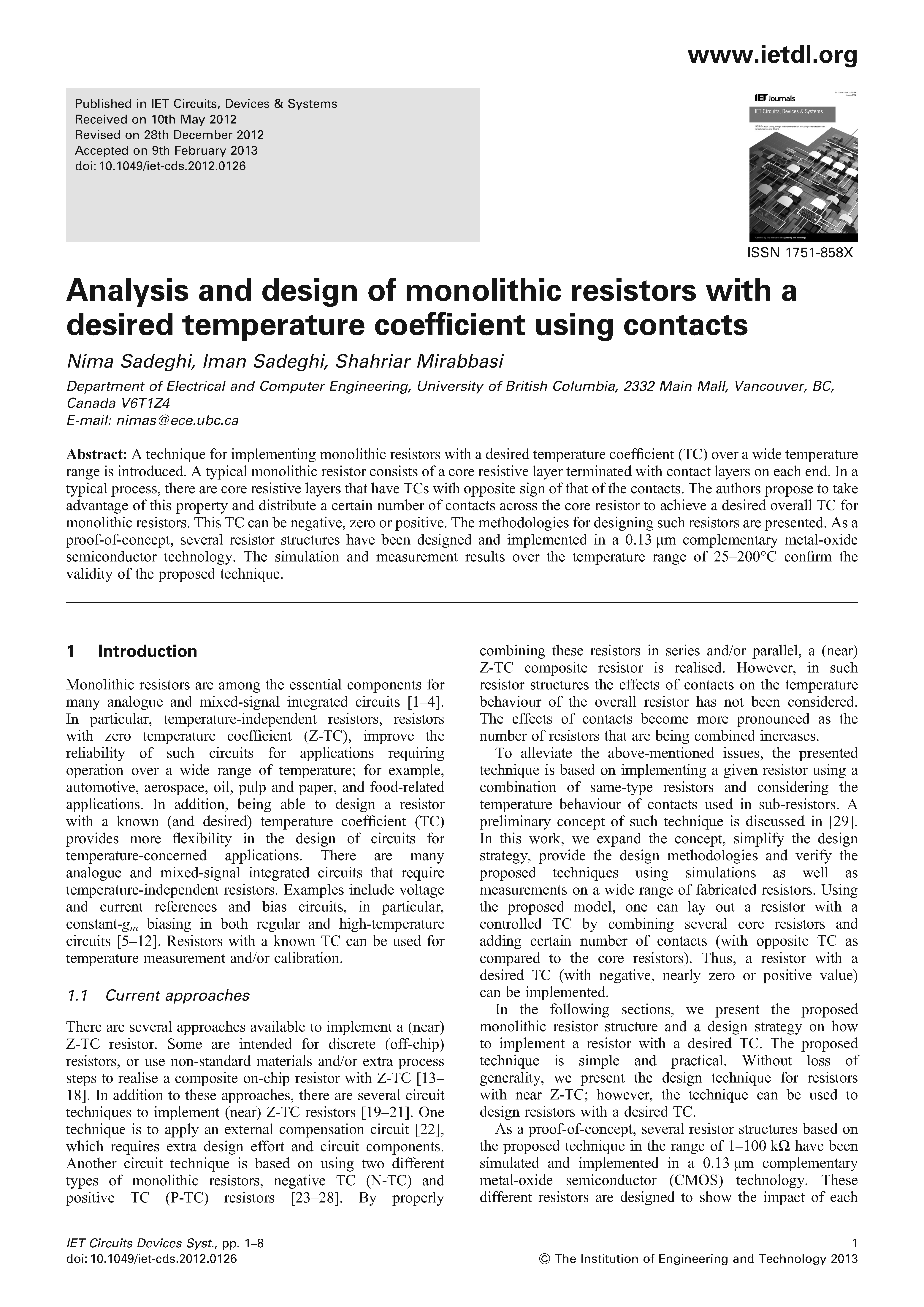 Analysis and Design of Monolithic Resistors with a Desired Temperature Coefficient Using Contacts Page 1
