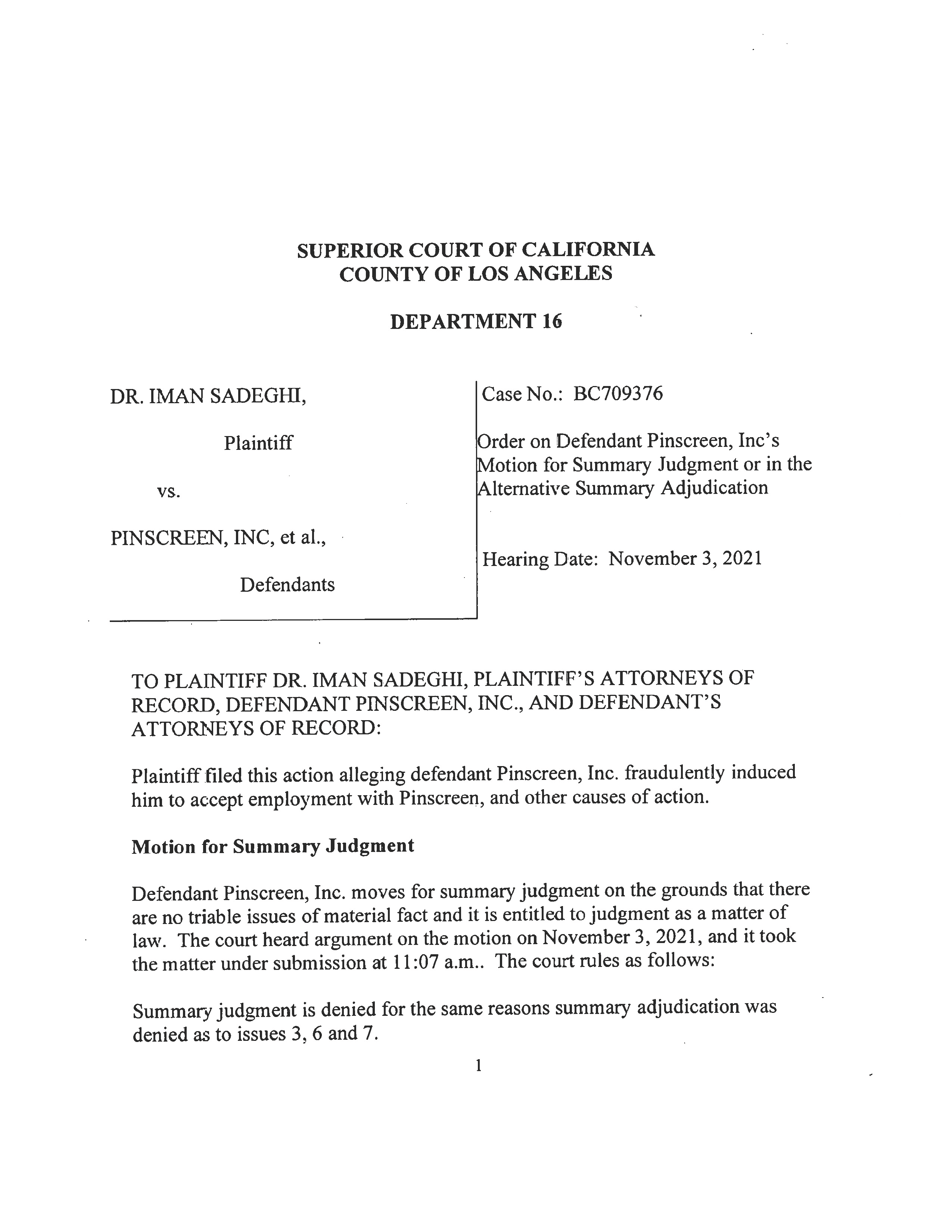 Court Ruling on Pinscreen's and Hao Li's Motion for Summary Judgment - Full Page 1