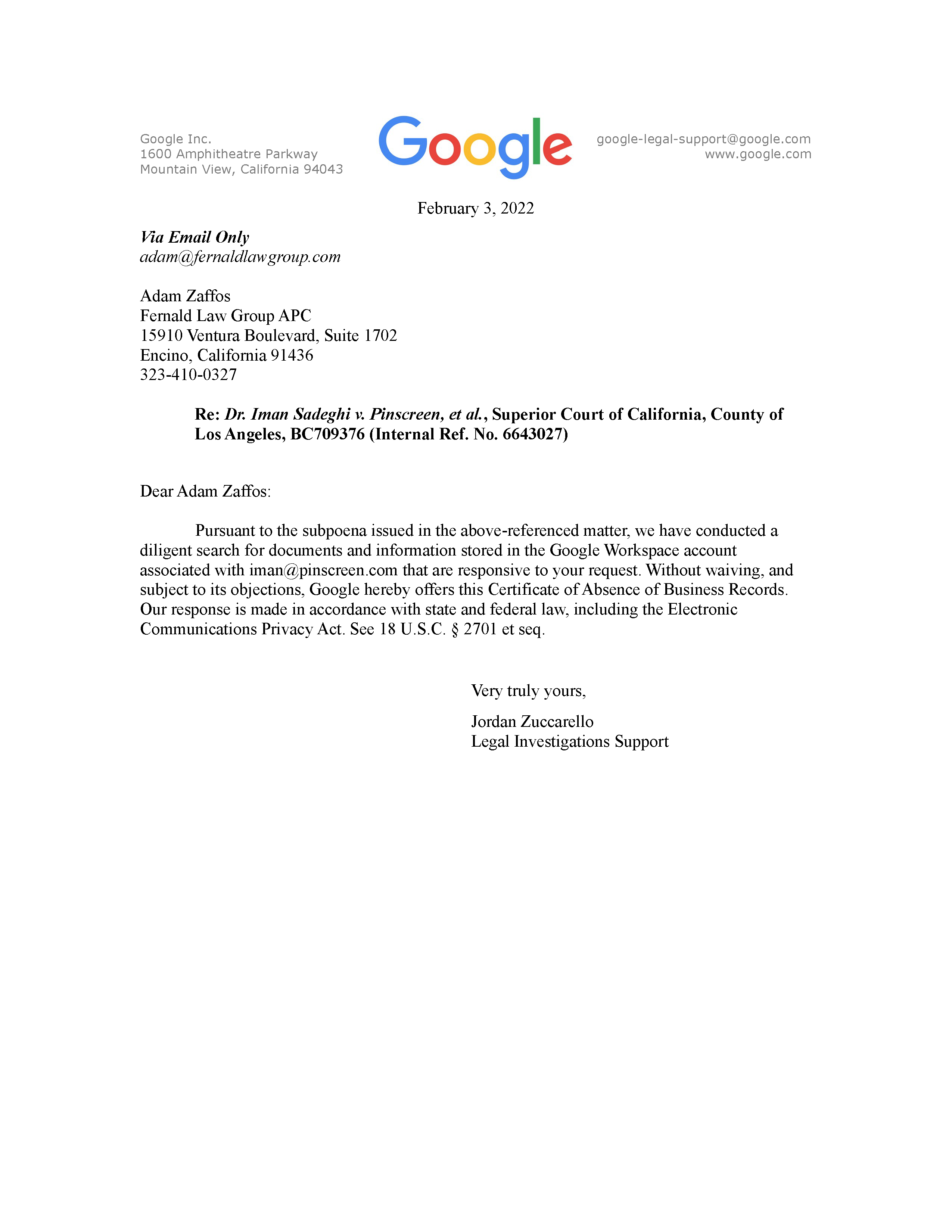 Google's Certificate of No Records re Pinscreen's Destruction of Evidence Page 1