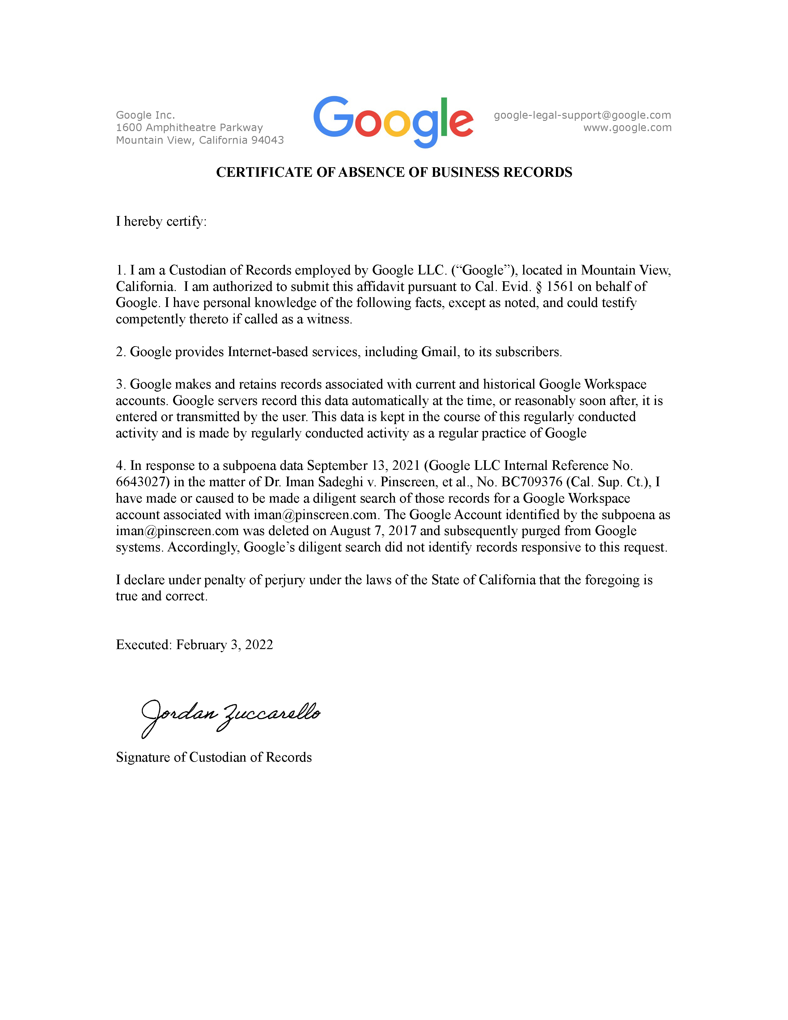 Google's Certificate of No Records re Pinscreen's Destruction of Evidence Page 2