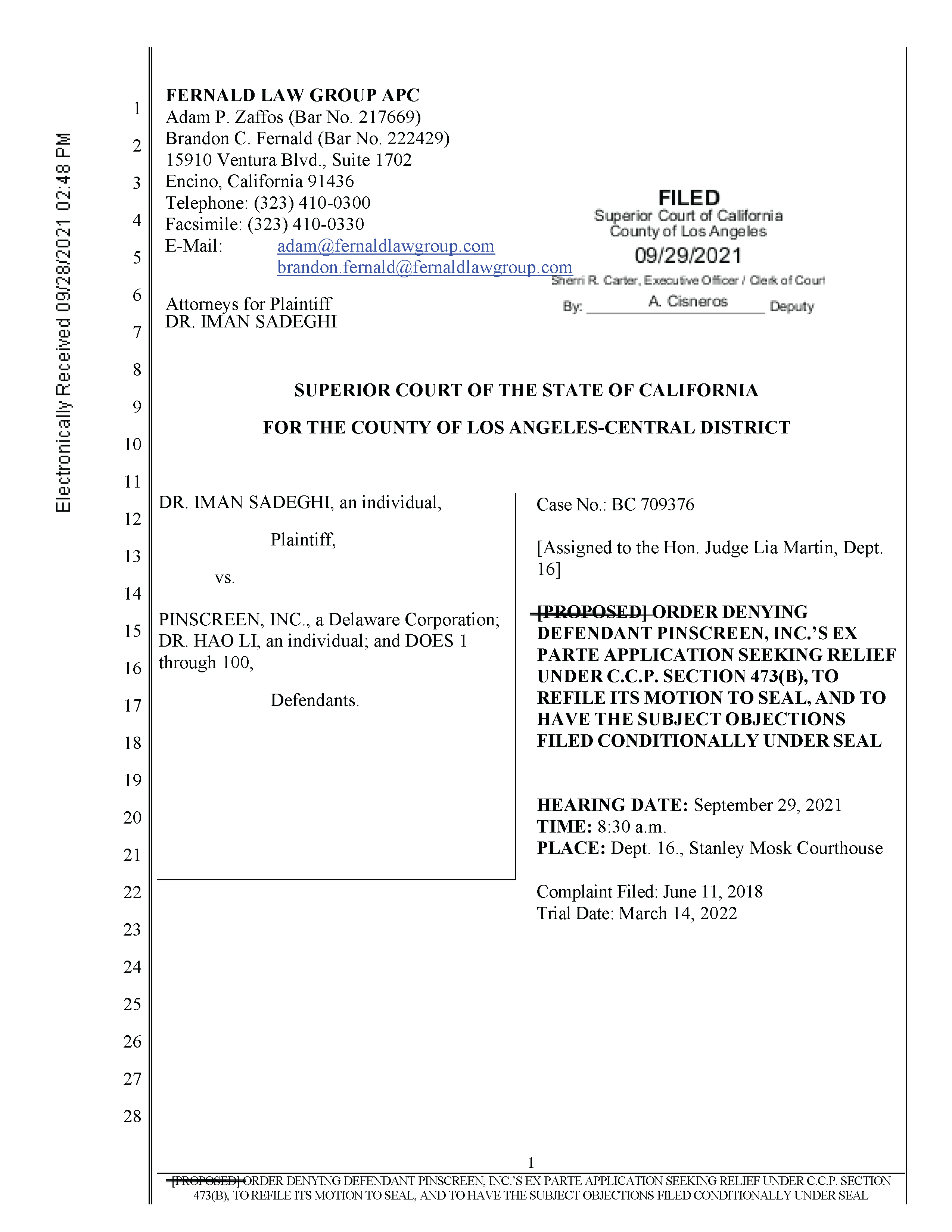 Judge Denies Pinscreen's Second Attempt to Seal USC's Investigation of Hao Li's Scientific Misconduct Page 1