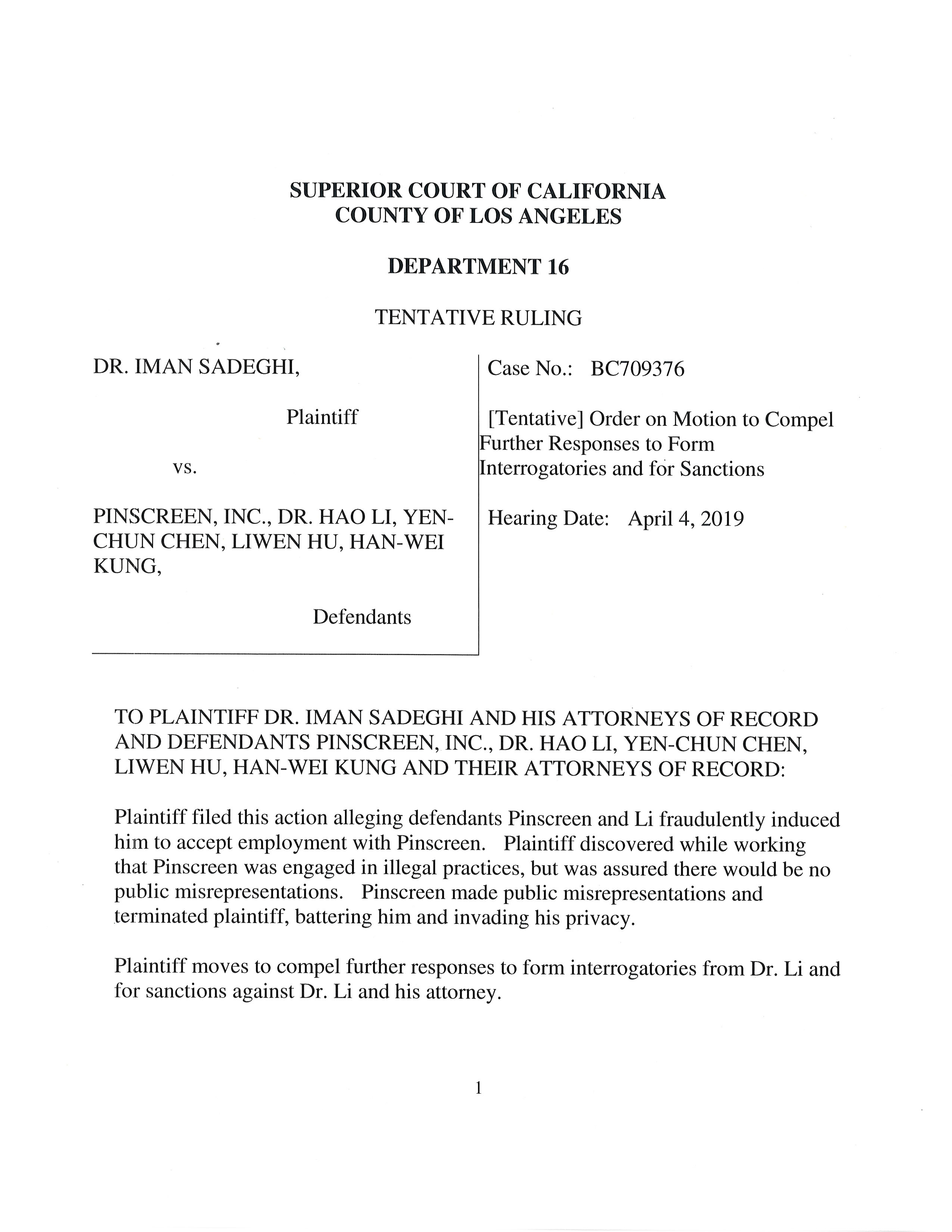 Judge Sanctions Hao Li and His Attorney Benjamin Davidson for Obstructing Discovery Page 1