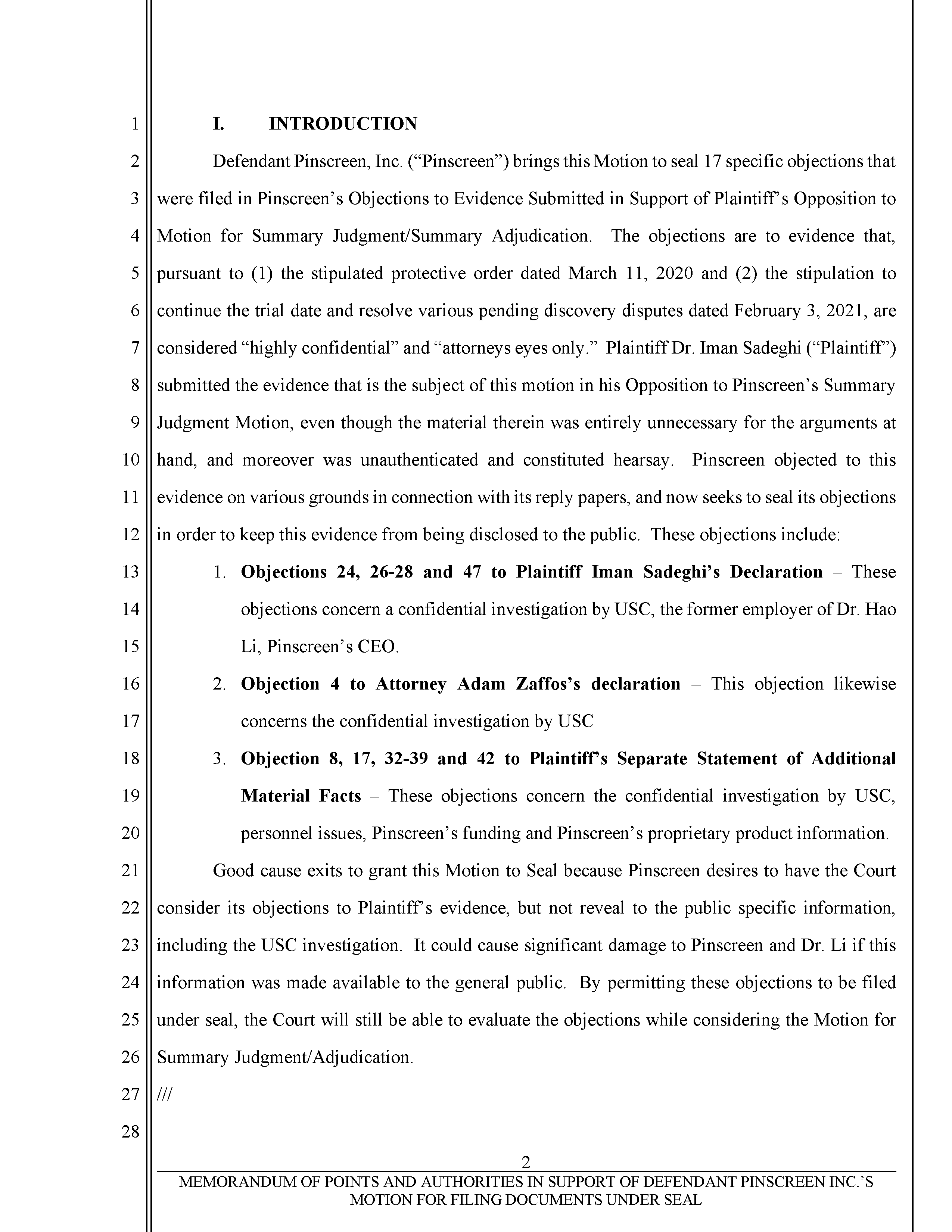 Pinscreen’s Motion to Seal USC’s Investigation of Hao Li’s Scientific Misconduct Page 2
