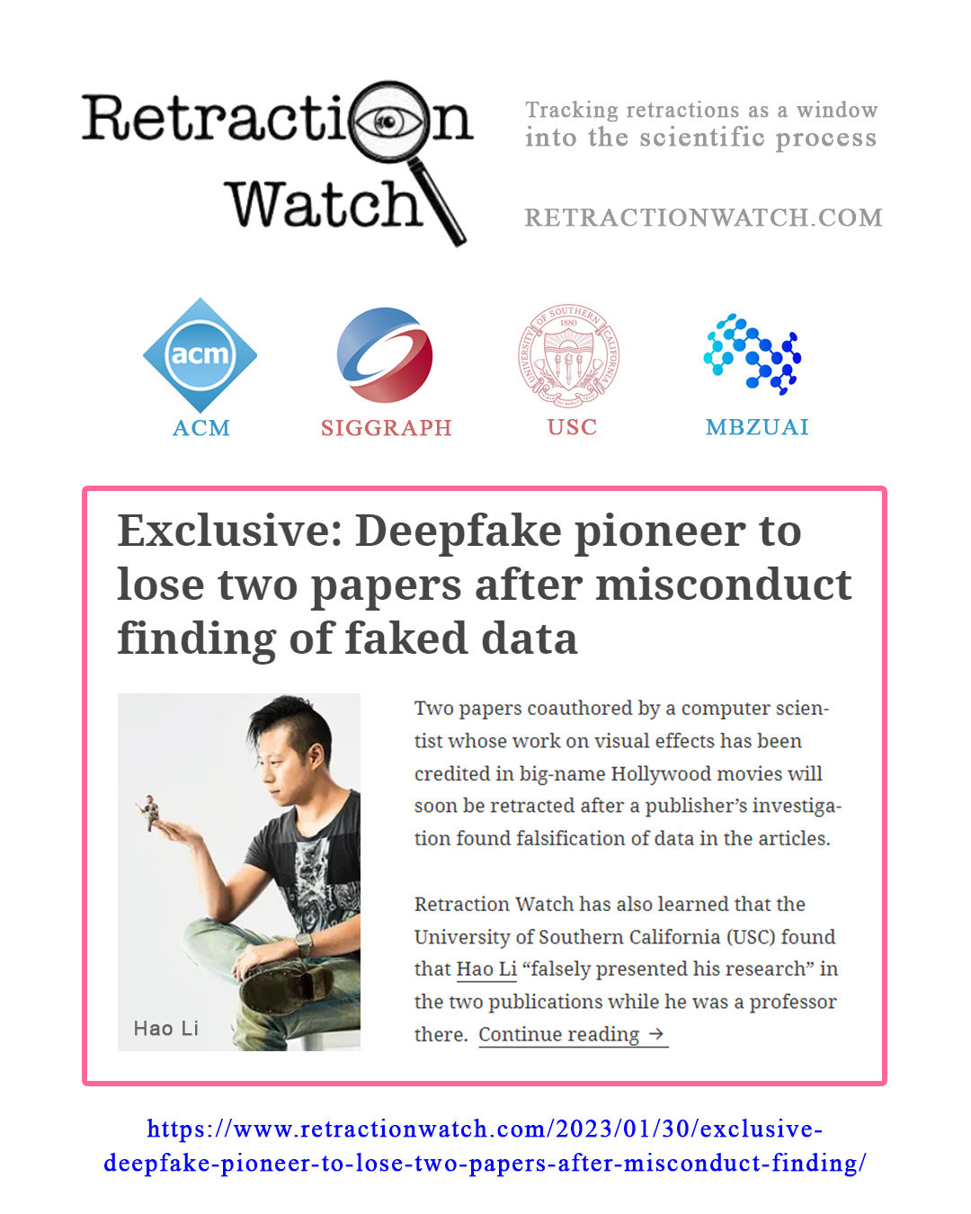 Retraction Watch's Exclusive Report on Hao Li's and Pinscreen's Scientific Misconduct