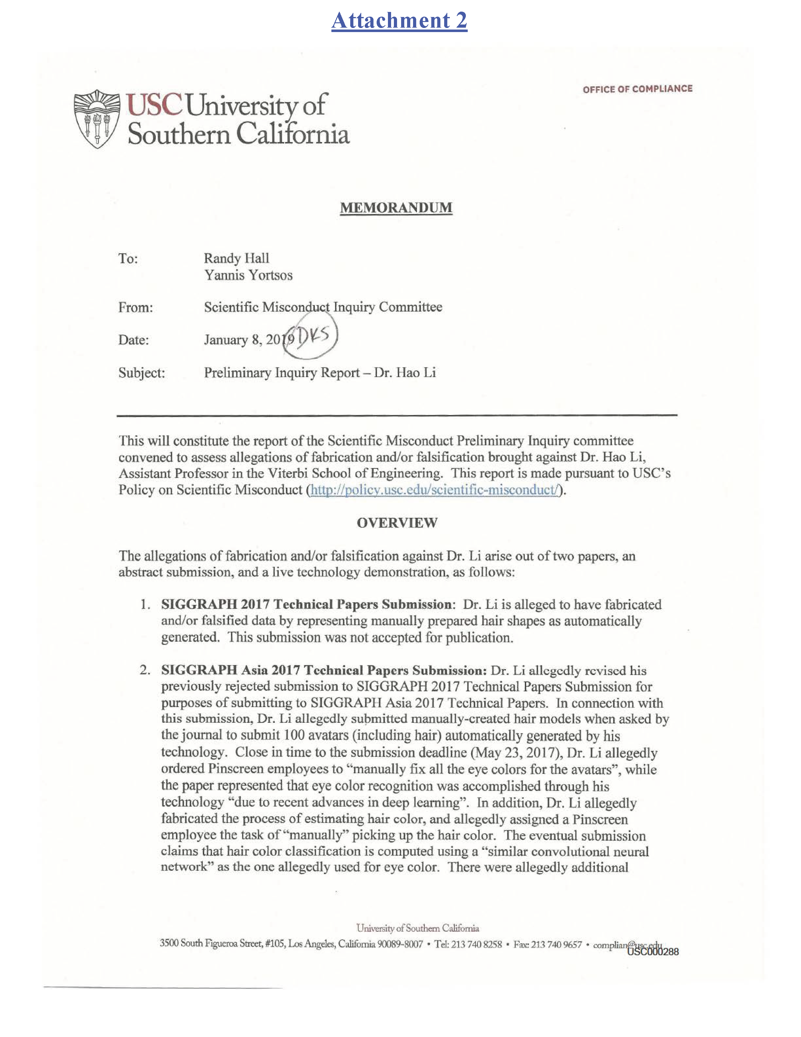 USC's Investigation Report re Hao Li's and Pinscreen's Scientific Misconduct at ACM SIGGRAPH RTL 2017 [Summary] Page 18