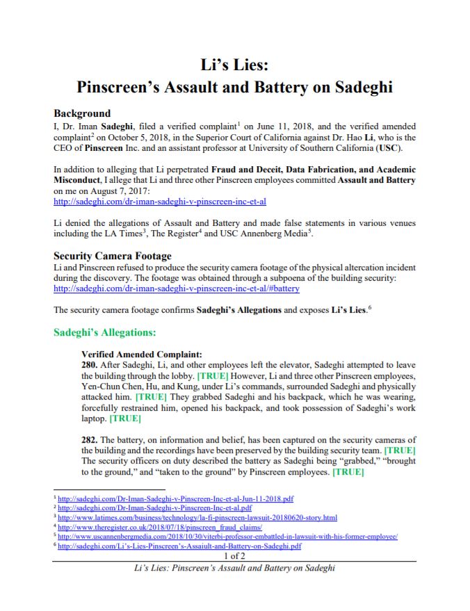 Li's Lies: Pinscreen's Assault and Battery on Sadeghi