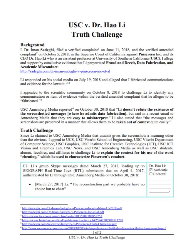 USC v. Dr. Hao Li Truth Challenge